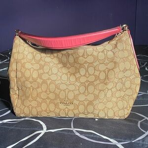 Coach Signature Tan and Pink Shoulder Bag